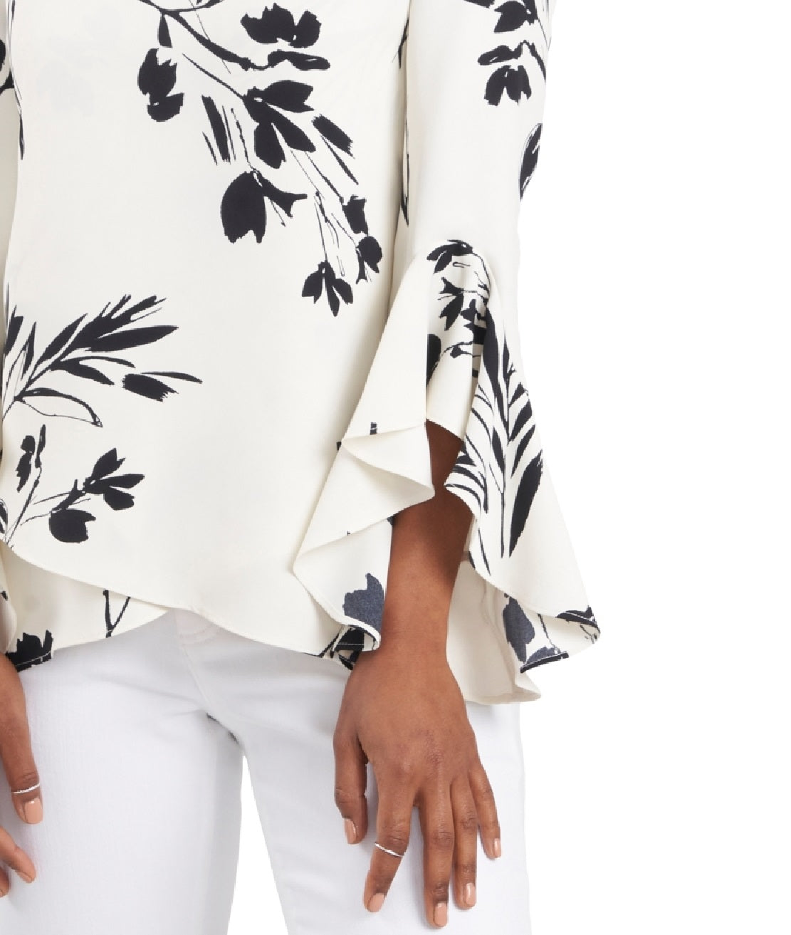 Vince Camuto Women's Floral Print Trumpet Sleeve Top White Size Small