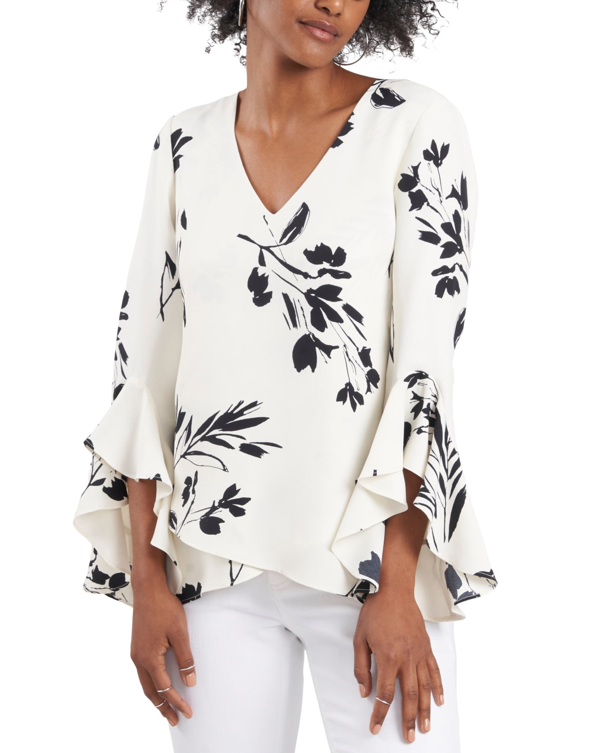 Vince Camuto Women's Floral Print Trumpet Sleeve Top White Size Small