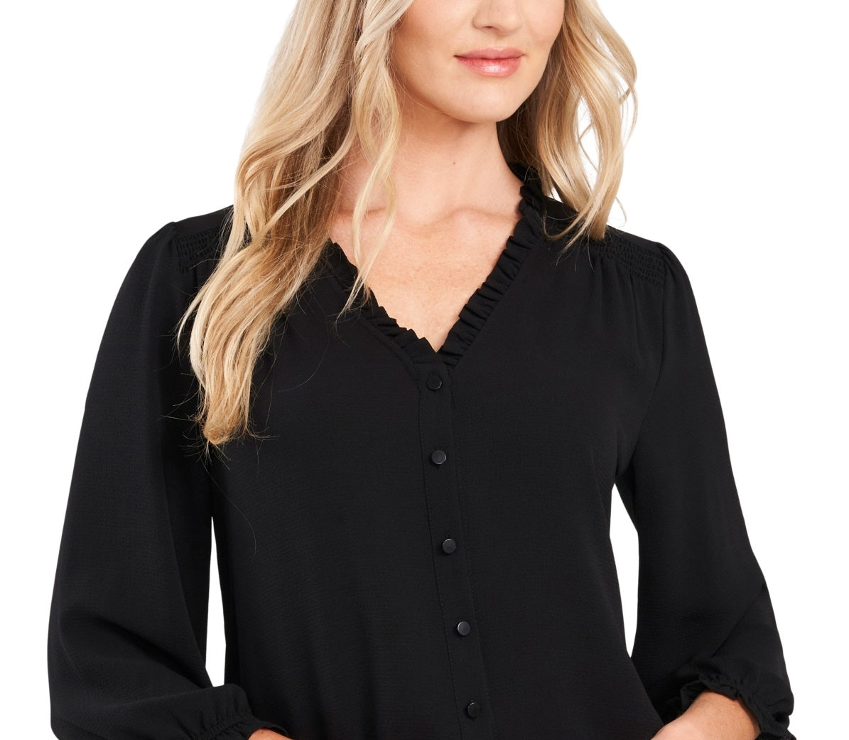 CeCe Women's Ruffle V Neck Blouse Black Size Small