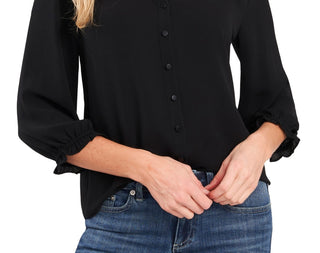 CeCe Women's Ruffle V Neck Blouse Black Size Small