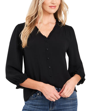 CeCe Women's Ruffle V Neck Blouse Black Size Small