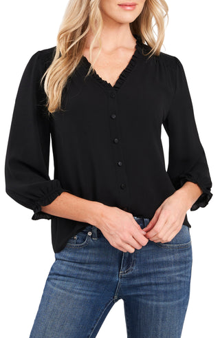 CeCe Women's Ruffle V Neck Blouse Black Size Medium