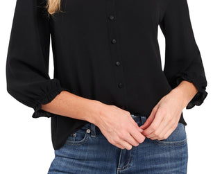 CeCe Women's Ruffle V Neck Blouse Black Size Large