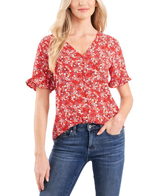 CeCe Women's Ruffle Sleeve Front Button Blouse Red Size Small