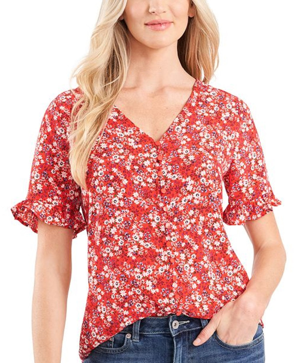 CeCe Women's Ruffle Sleeve Front Button Blouse Red Size Small