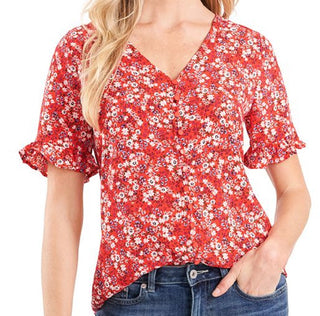 CeCe Women's Ruffle Sleeve Front Button Blouse Red Size Small