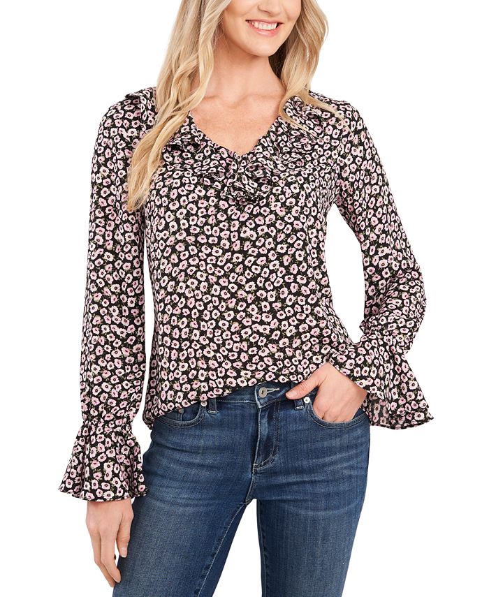 CeCe Women's Floral Ruffled Blouse Pink Size X-Small