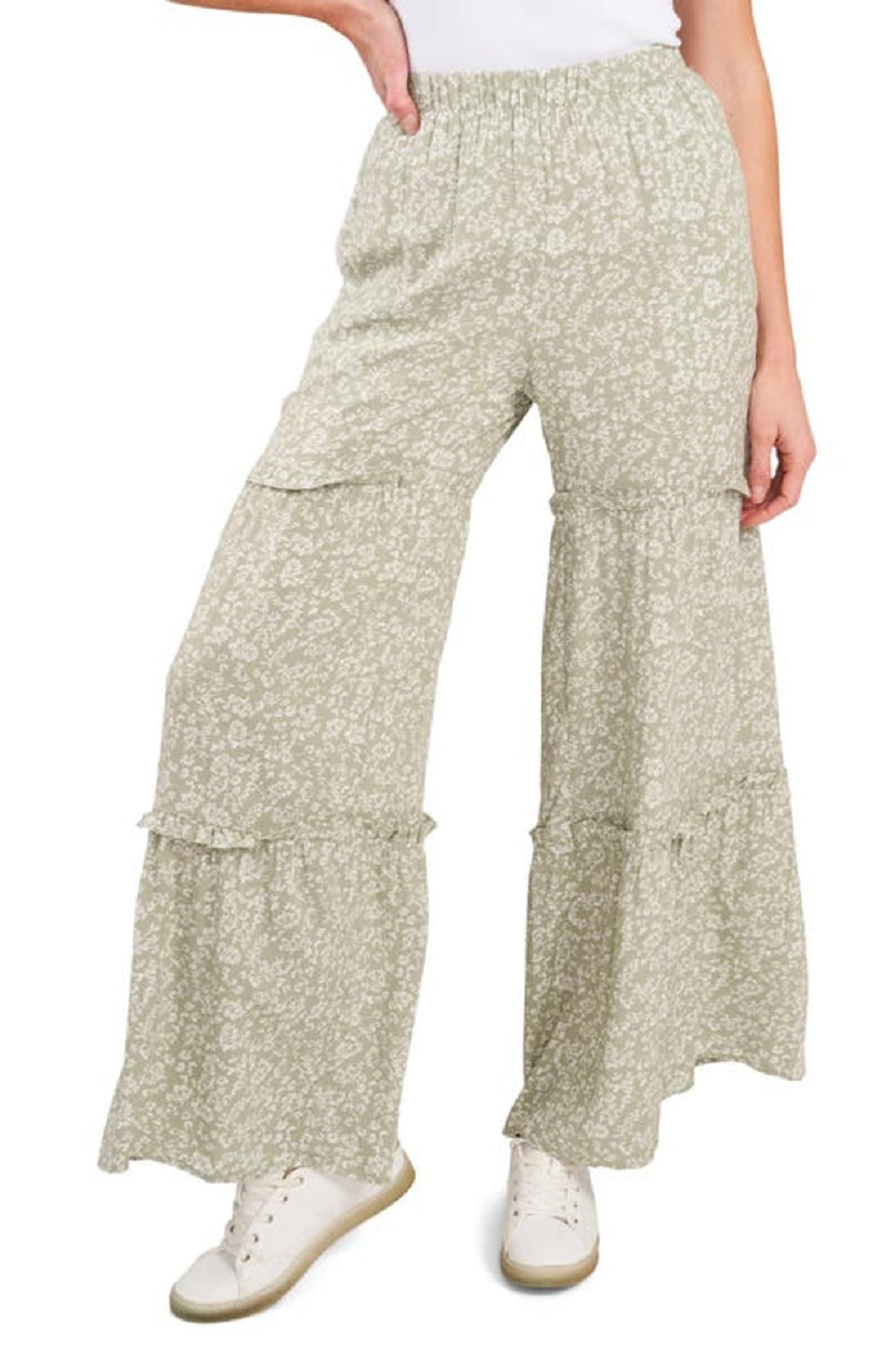 CeCe Women's Ditsy Printed Ruffle Wide Leg Pants Green Size Medium