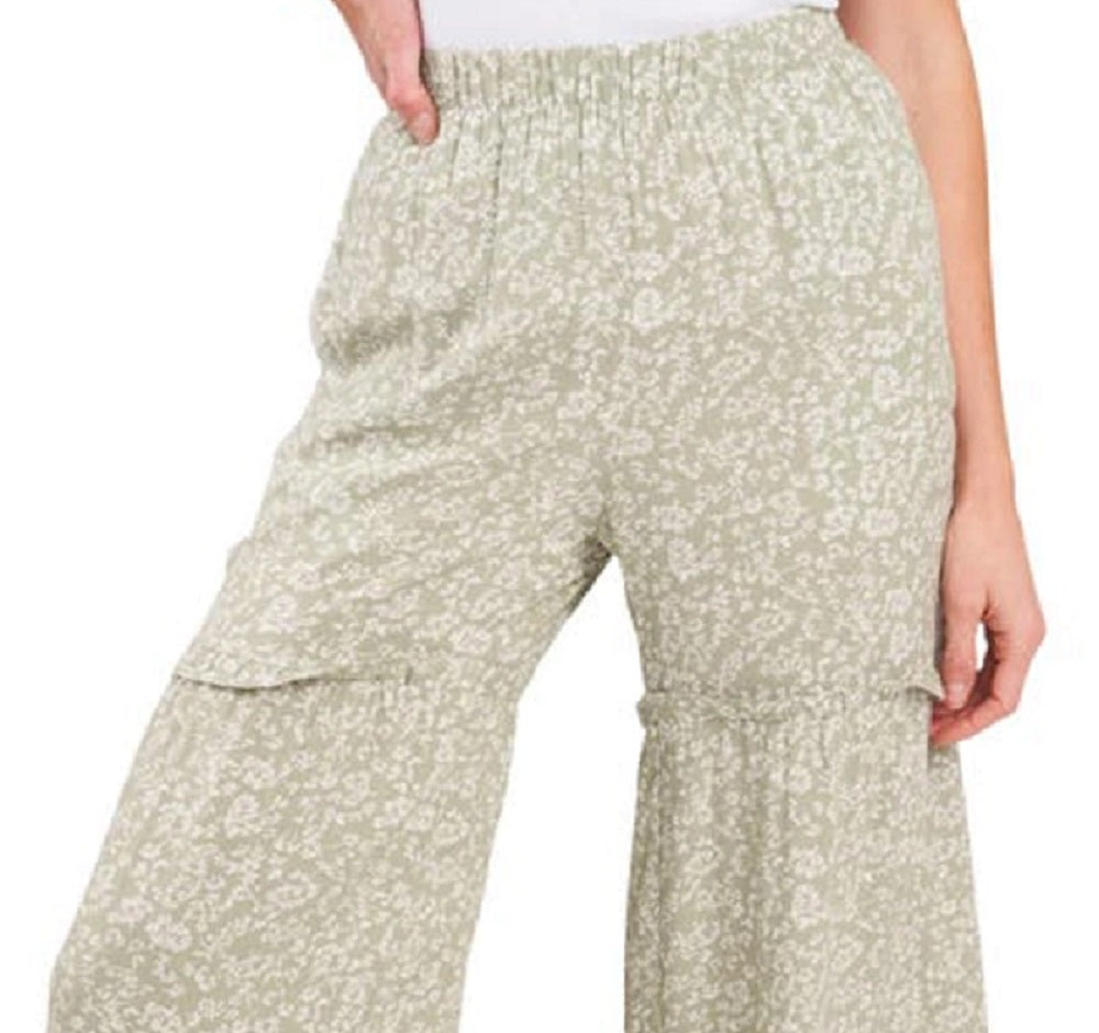 CeCe Women's Ditsy Printed Ruffle Wide Leg Pants Green Size Medium