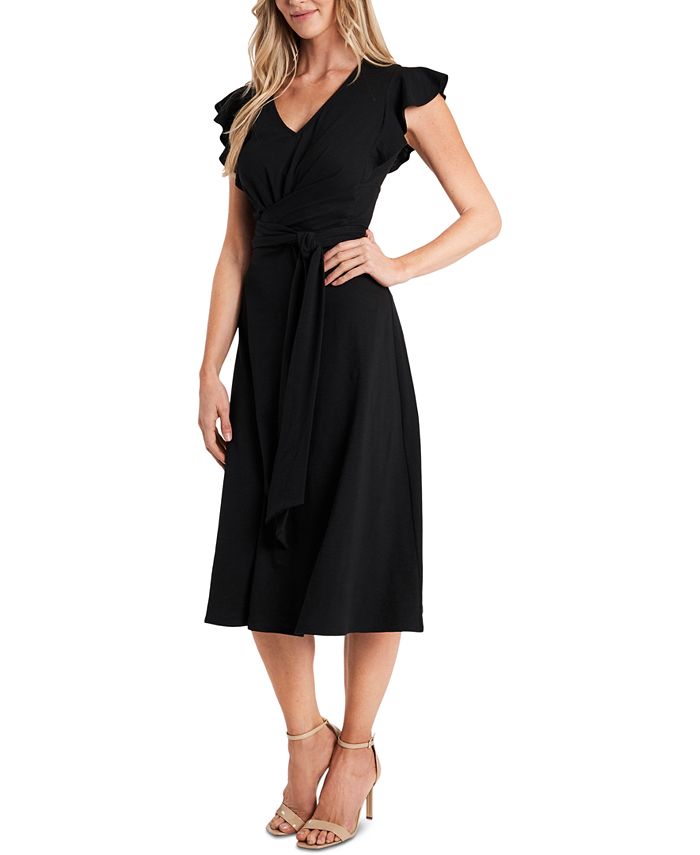 CeCe Women's Cotton Blend Belted Pleated Pullover Style Flutter Sleeve V Neck Midi Evening Fit Flare Dress Black Size Large