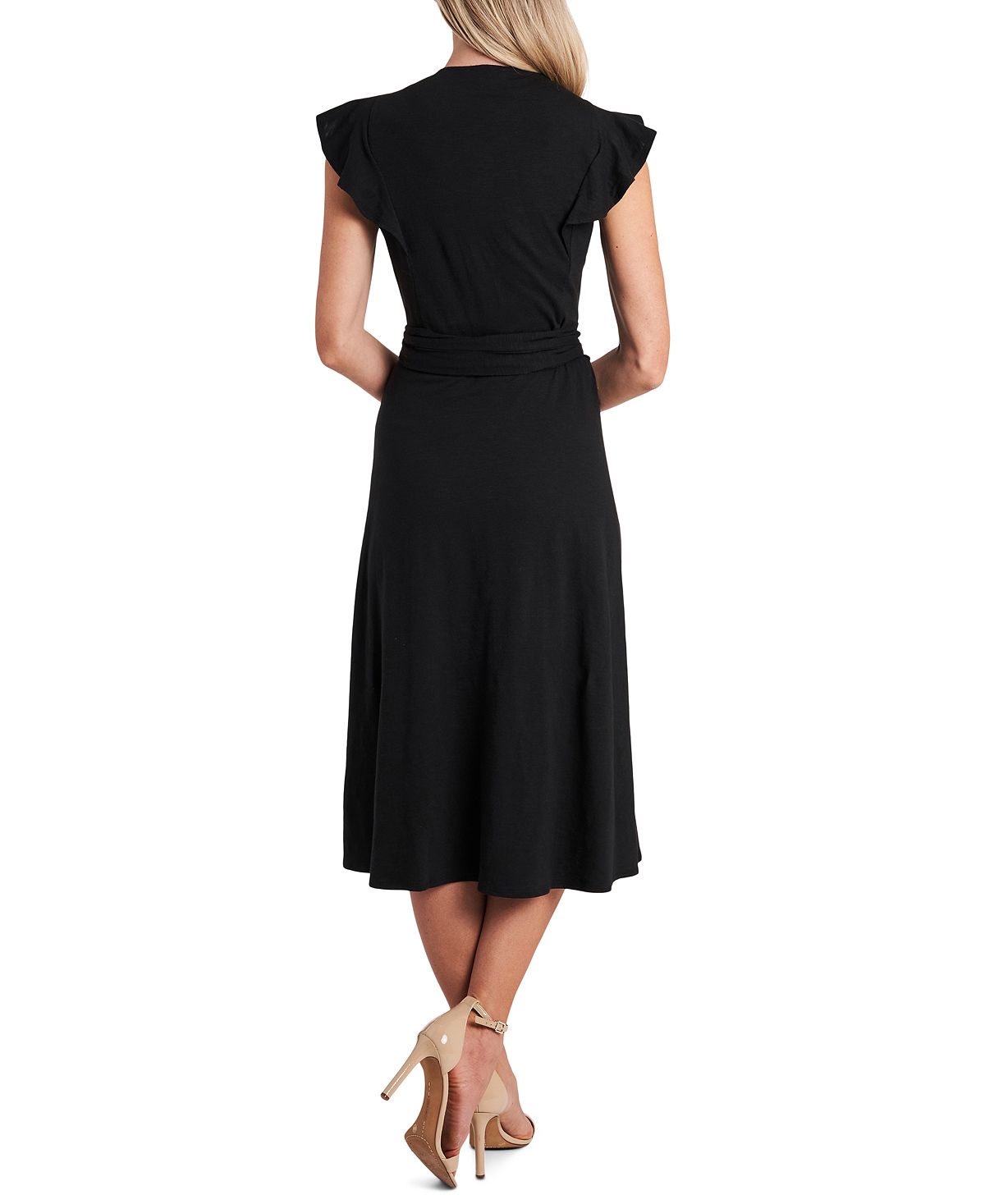 CeCe Women's Cotton Blend Belted Pleated Pullover Style Flutter Sleeve V Neck Midi Evening Fit Flare Dress Black Size Large