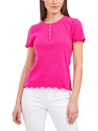 Riley & Rae Women's Lettuce Edge Henley Top Pink Size Small