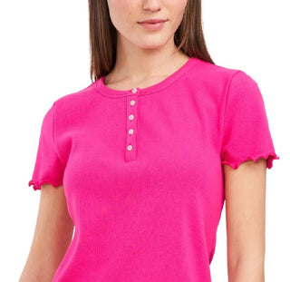 Riley & Rae Women's Lettuce Edge Henley Top Pink Size Small