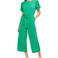 Riley & Rae Women's Zippered Ruffled Puffed Sleeves Tie Short Sleeve Crew Neck Wide Leg Jumpsuit Green Size 6
