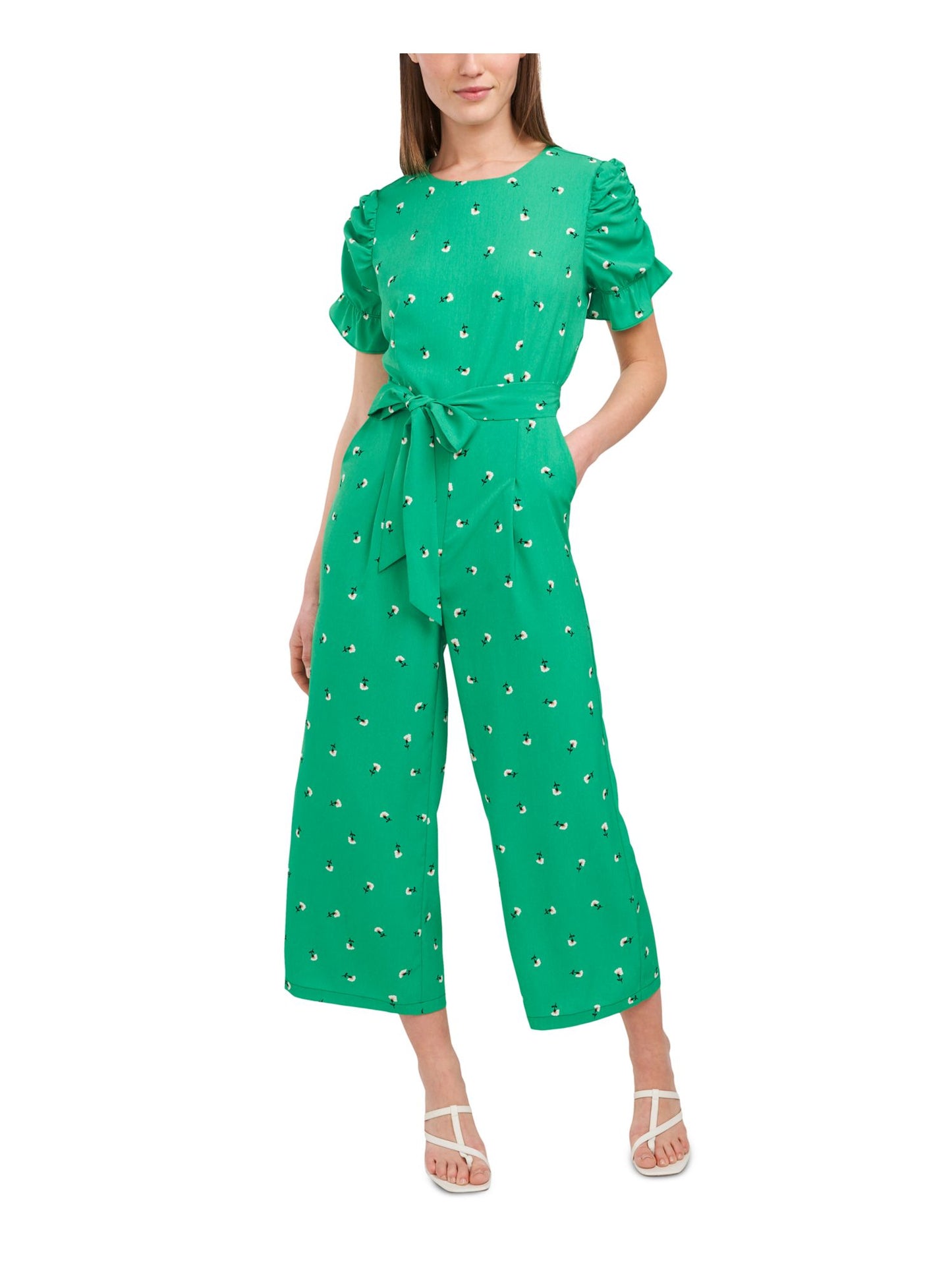 Riley & Rae Women's Zippered Ruffled Puffed Sleeves Tie Short Sleeve Crew Neck Wide Leg Jumpsuit Green Size 6