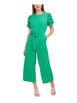 Riley & Rae Women's Zippered Ruffled Puffed Sleeves Tie Short Sleeve Crew Neck Wide Leg Jumpsuit Green Size 6