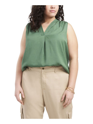 Vince Camuto Women's Pleated Sleeveless V Neck Top Green Size 2X