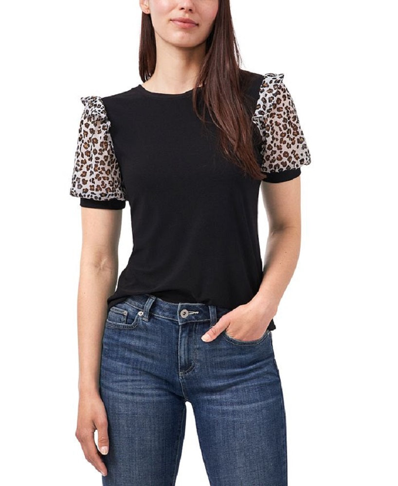 CeCe Women's Mixed Media Puff Sleeve Crepe T-Shirt Black Size Medium