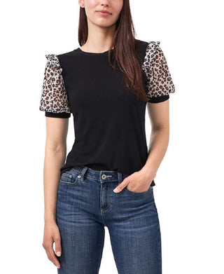 CeCe Women's Mixed Media Puff Sleeve Crepe T-Shirt Black Size Medium