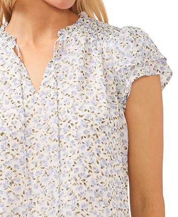 CeCe Women's Flutter Sleeve Floral Print Top Gray Size Small
