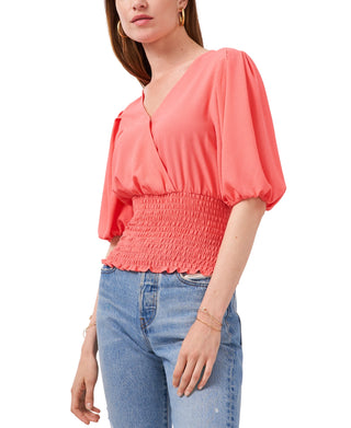 1.STATE Women's Coral Stretch Smocked Pleated Elbow Puff Sleeve Surplice Neckline Top Coral Size XX-Small