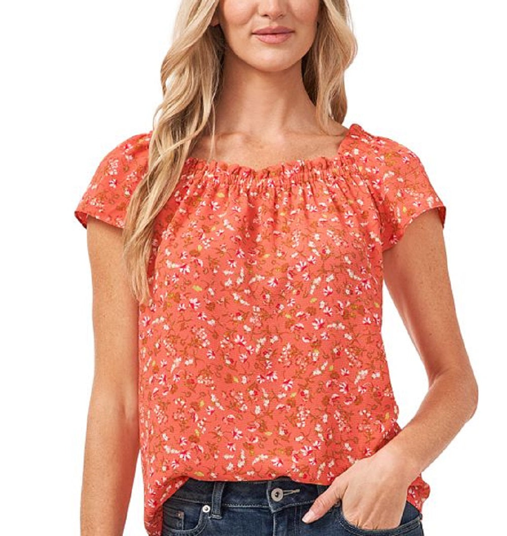 CeCe Women's Square Neck Floral Print Blouse Orange Size X-Large