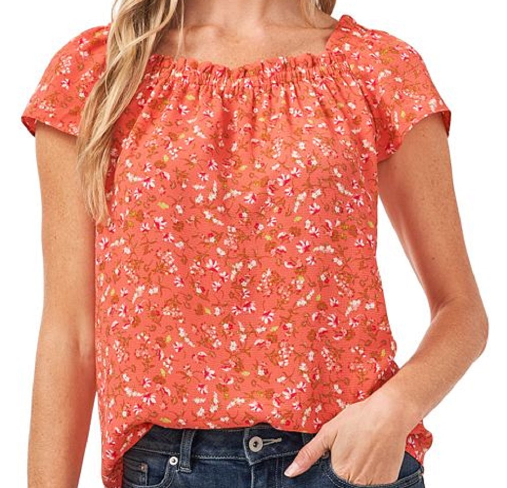 CeCe Women's Square Neck Floral Print Blouse Orange Size X-Large