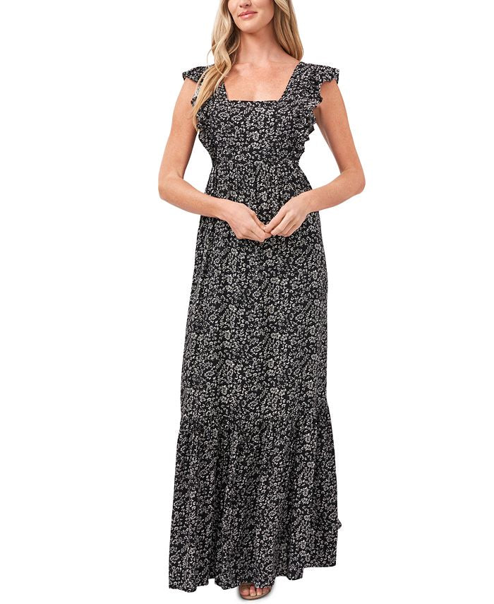 CeCe Women's Ditsy Floral Ruffle Trim Maxi Dress Black Size X-Large