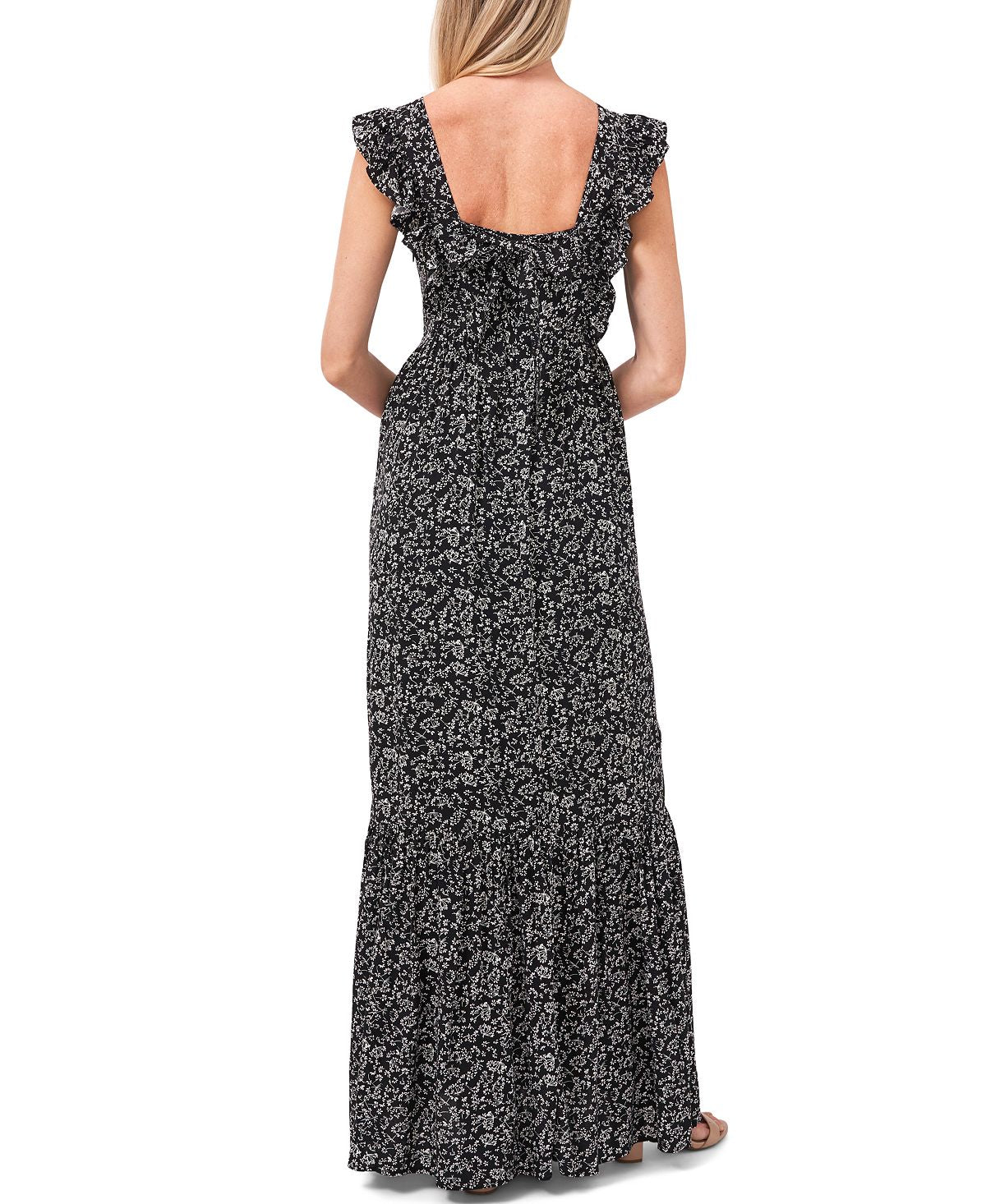 CeCe Women's Ditsy Floral Ruffle Trim Maxi Dress Black Size X-Large