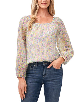 CeCe Women's Garden Muses Floral Square Neck Long Sleeve Top Green Floral Size Large