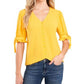 CeCe Women's Ruffled Tie Pleated Button Closures Elbow Sleeve V Neck Blouse Yellow Size X-Small