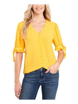 CeCe Women's Ruffled Tie Pleated Button Closures Elbow Sleeve V Neck Blouse Yellow Size X-Small