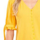 CeCe Women's Ruffled Tie Pleated Button Closures Elbow Sleeve V Neck Blouse Yellow Size X-Small