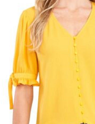 CeCe Women's Ruffled Tie Pleated Button Closures Elbow Sleeve V Neck Blouse Yellow Size X-Small