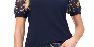 CeCe Women's Scattered Ditsy Puff Sleeve Mixed Media Top Blue Size Large