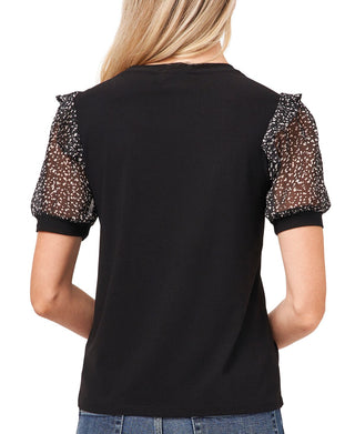 CeCe Women's Stretch Ruffled Pull Over Style Short Sleeve Crew Neck Wear To Work Top Black Size Small