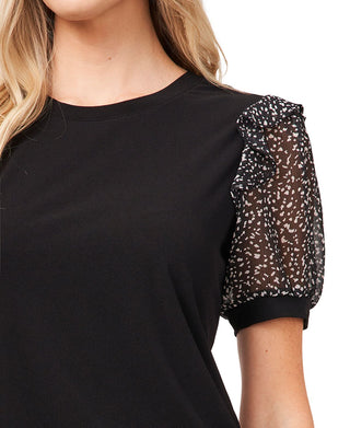 CeCe Women's Stretch Ruffled Pull Over Style Short Sleeve Crew Neck Wear To Work Top Black Size Small