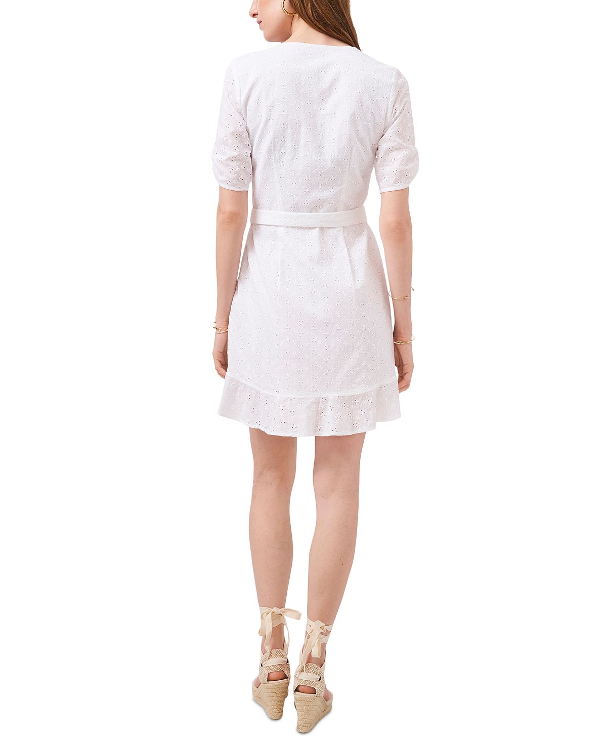 1.STATE Women's Embroidered Ruffled Eyelet Self Tie Belt Lined Zippe Floral Elbow Sleeve Surplice Neckline Short Party Faux Wrap Dress White