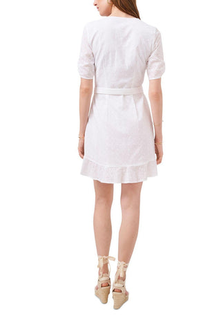 1.STATE Women's Embroidered Ruffled Eyelet Self Tie Belt Lined Zippe Floral Elbow Sleeve Surplice Neckline Short Party Faux Wrap Dress White