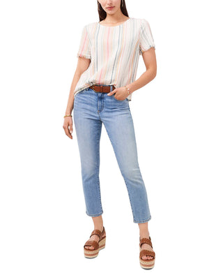 Vince Camuto Women's Stripe Short Sleeve Linen Blend Top White Size Large