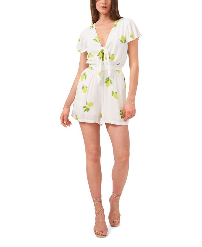1.STATE Women's Short Sleeve Tie Front Romper Brown Size X-Large