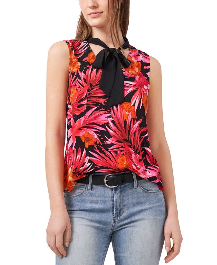 Riley & Rae Women's Tropical Print Tie Neck Blouse Red Size X-Small