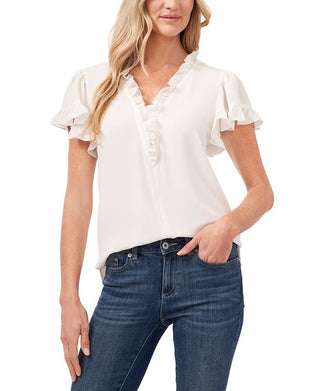 CeCe Women's Ruffle V Neck Top White Size S