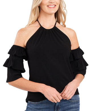 CeCe Women's Off The Shoulder Halter Neck Knit Top Black Size Large