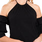 CeCe Women's Off The Shoulder Halter Neck Knit Top Black Size Large