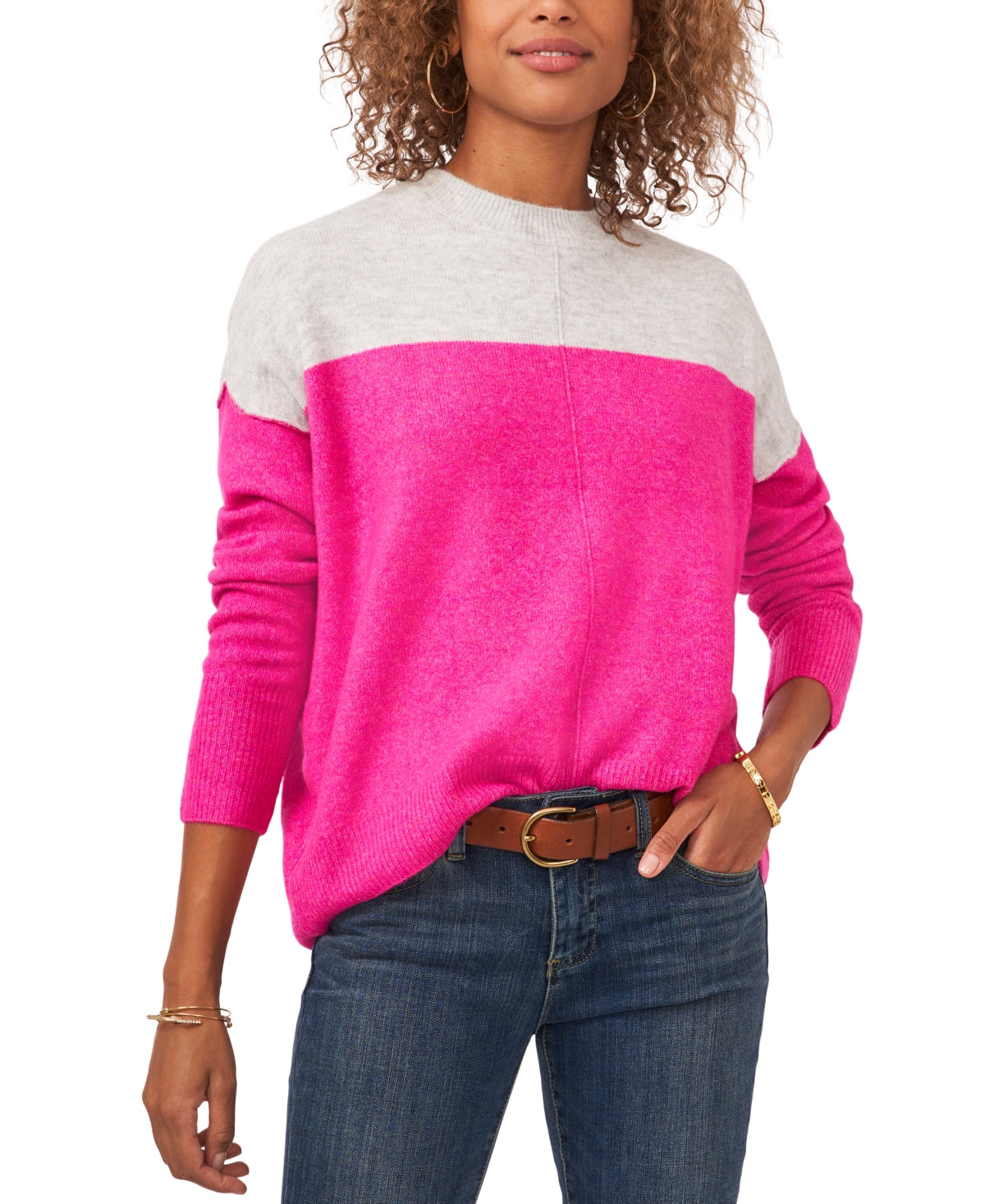 Vince Camuto Women's Extend Shoulder Colorblock Sweater Pink Size Large
