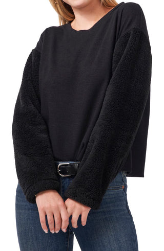 Vince Camuto Women's Faux Shearling Sleeve Knit Top Black Size XX-Large