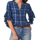 Vince Camuto Women's Plaid Ruffle Sleeve Top Blue Size X-Small