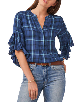 Vince Camuto Women's Plaid Ruffle Sleeve Top Blue Size X-Small