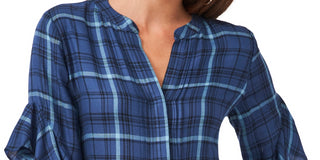 Vince Camuto Women's Plaid Ruffle Sleeve Top Blue Size X-Small